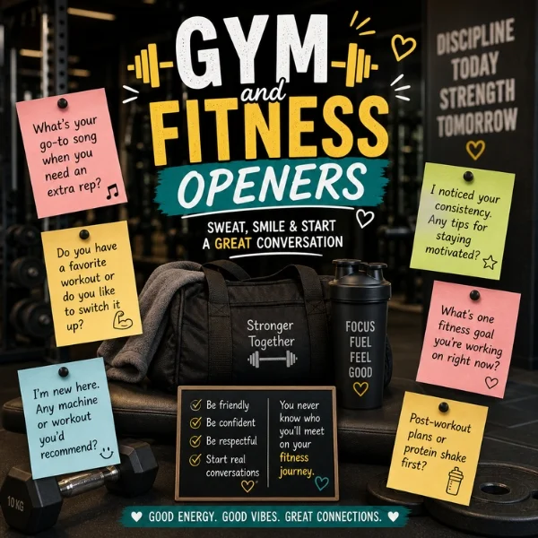 Gym and fitness openers poster with workout gear, sticky notes, dumbbells, and playful conversation starters