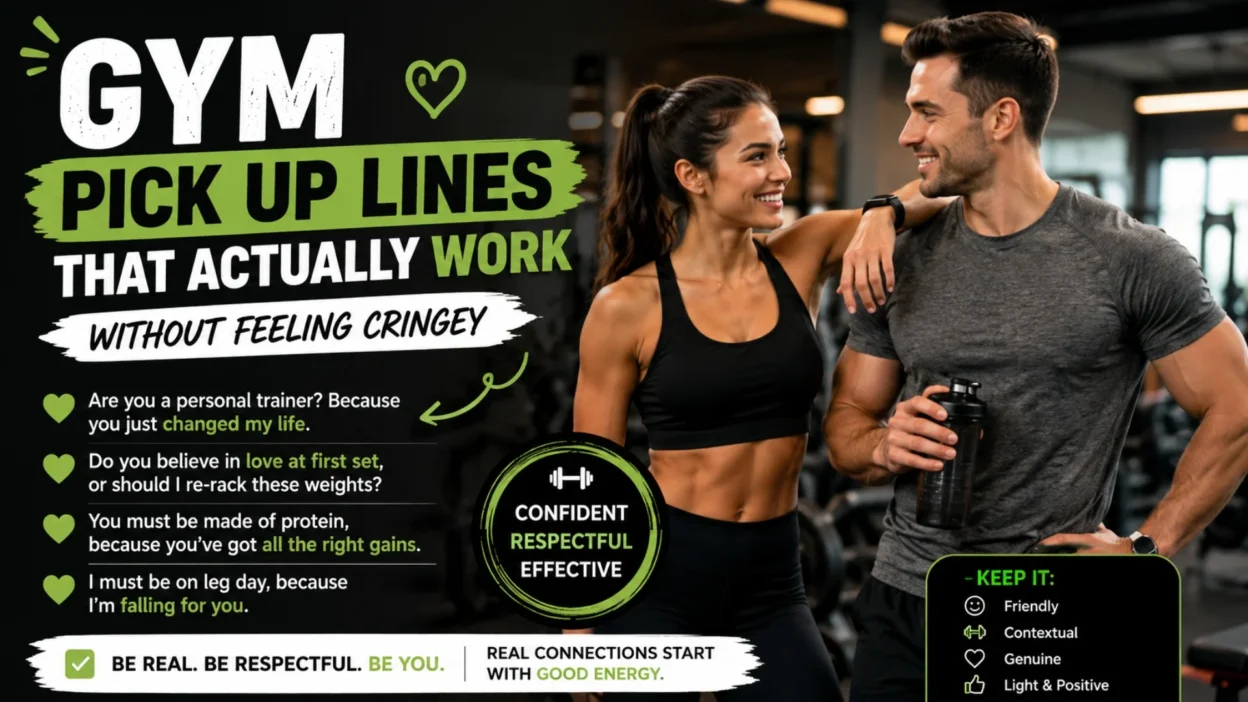 Couple smiling at the gym with funny gym pick up lines and motivational fitness background
