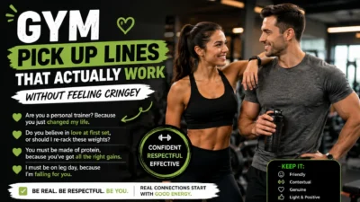 Couple smiling at the gym with funny gym pick up lines and motivational fitness background