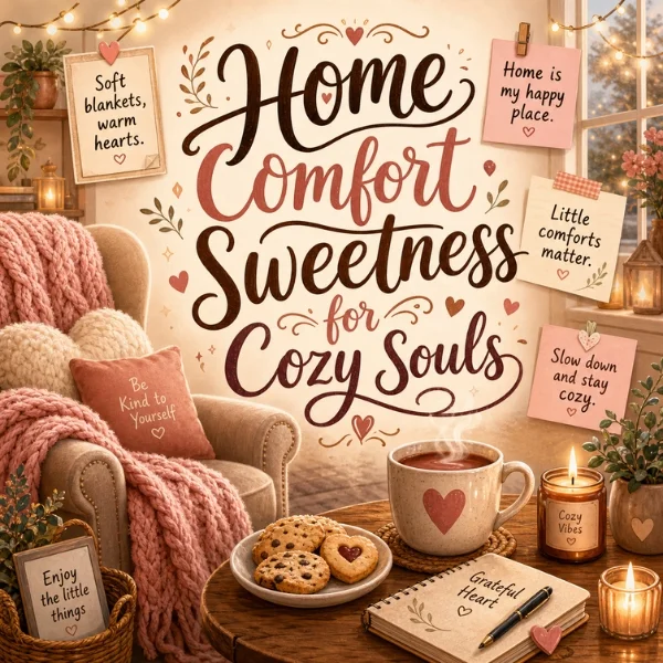 Home comfort poster with cozy chair, knitted blanket, warm tea, cookies, candlelight, and sweet peaceful decor