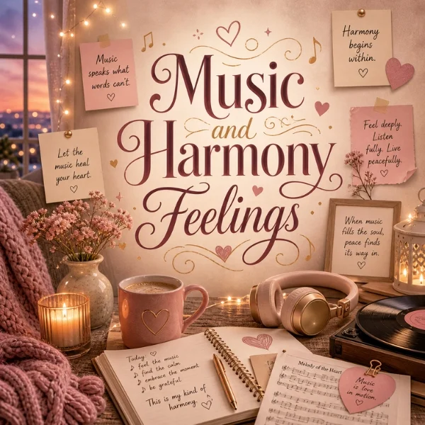 Music and harmony feelings poster with cozy headphones, vinyl record, candlelight, and peaceful evening decor