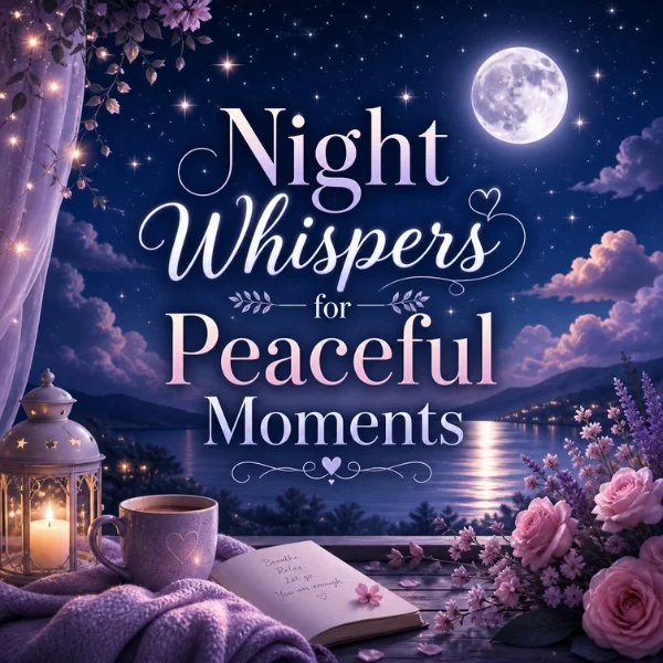 Night Whispers for Peaceful Moments with moonlit lake, candle, flowers, and calming night sky