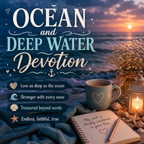 Ocean devotion poster with sunset waves, cozy mug, lantern, seashells, and romantic deep love message