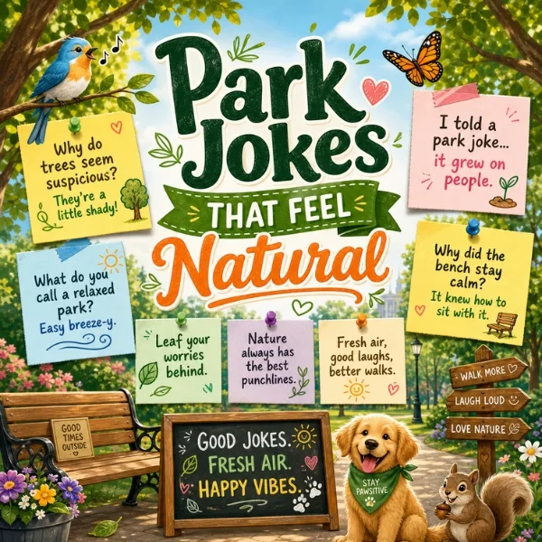 Park jokes poster with sunny nature scene, cute dog, squirrel, bench, birds, and playful outdoor humor