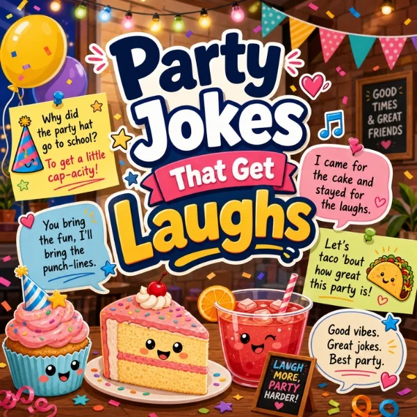 Party jokes poster with balloons, cake slice, cupcake, punch drink, confetti, and playful humor in a festive setting