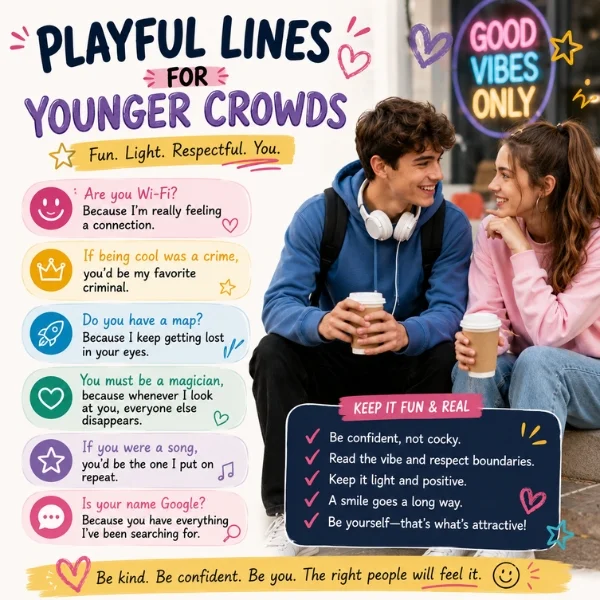 Playful lines for younger crowds infographic with smiling teens, colorful doodles, and fun respectful conversation starters