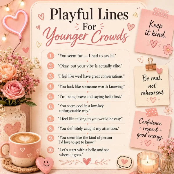 Playful lines for younger crowds image with soft pink decor, coffee, flowers, and lighthearted conversation starters