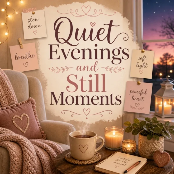 Quiet evenings poster with cozy chair, warm tea, candles, notebook, and soft still moments in a peaceful home setting