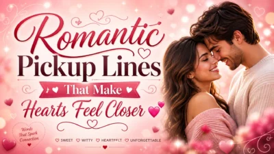 Romantic pickup lines banner with a smiling couple, pink hearts, and soft love-themed design