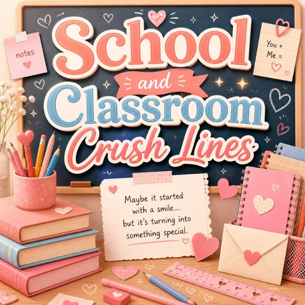 School and classroom crush lines image with chalkboard, notebooks, love notes, pencils, and pastel hearts