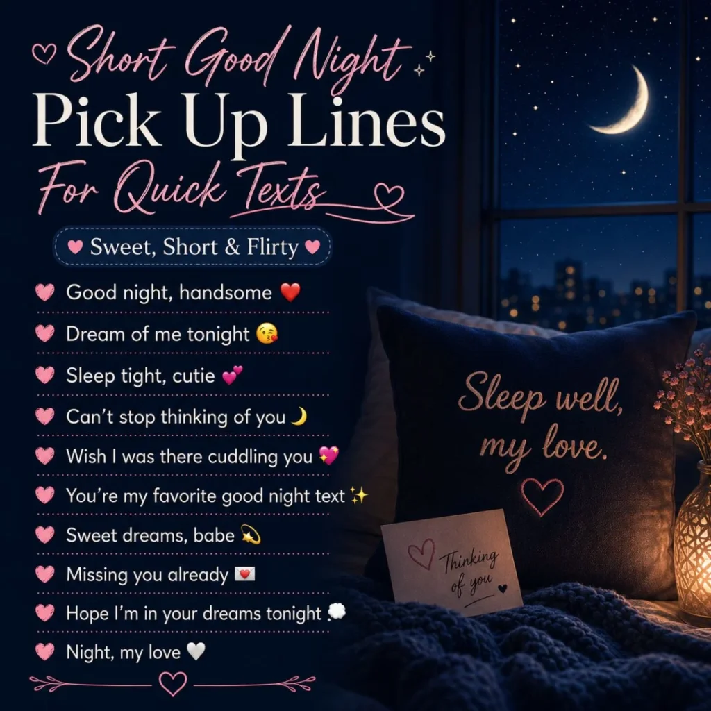Short good night pick up lines for quick texts with romantic moon, stars, hearts, and cozy bedtime love notes.