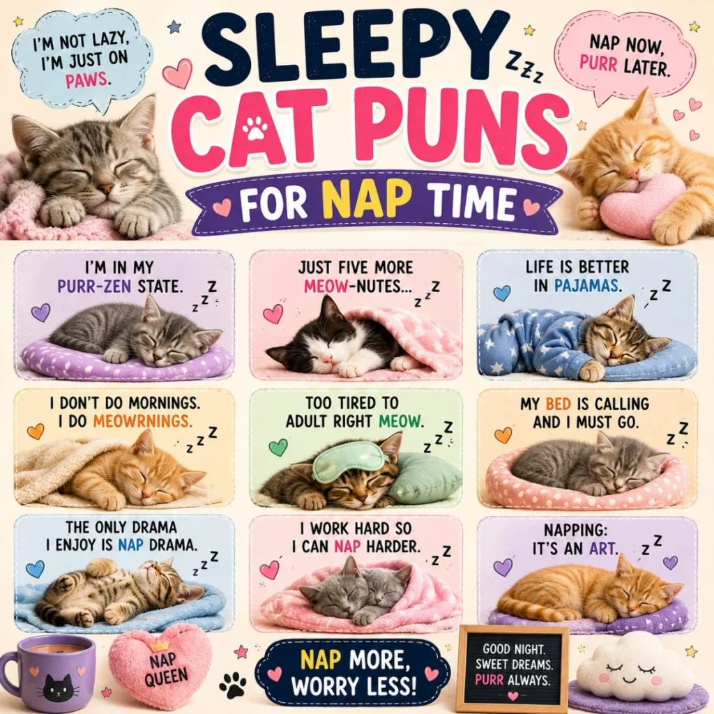 Sleepy cat puns for nap time with cute sleeping cats, cozy blankets, soft pillows, and funny feline nap jokes.