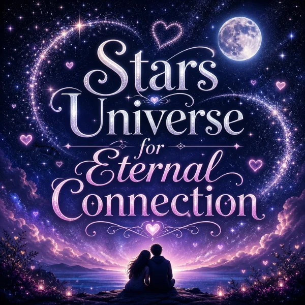 Stars Universe for Eternal Connection with moonlit sky, glowing stars, and a couple beneath a cosmic heart