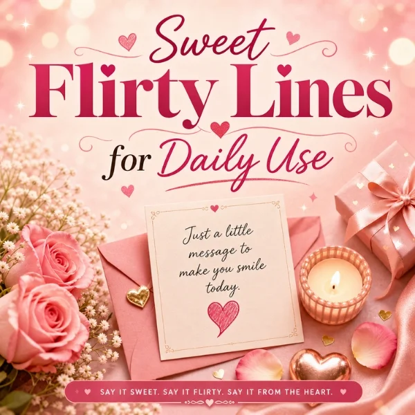 Sweet flirty lines image with pink roses, love note, envelope, candle, and romantic gift box