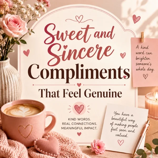Sweet and sincere compliments image with soft pink decor, coffee, flowers, and kind words about genuine connection
