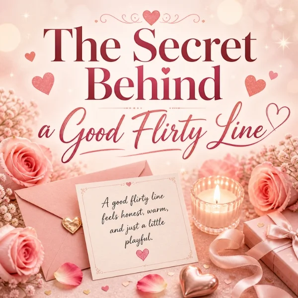 The Secret Behind a Good Flirty Line image with pink roses, love note, candle, envelope, and romantic hearts