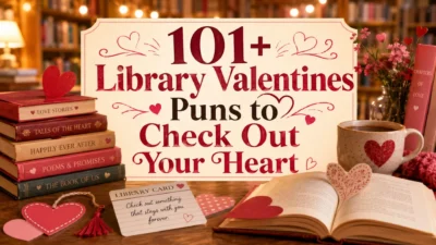 101+ Library Valentines puns cover with cozy books, hearts, and romantic library theme