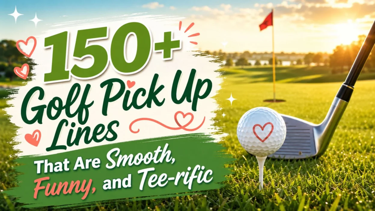 Golf pick up lines with sunny course, golf ball, club, hearts, and fun romantic tee-time vibe