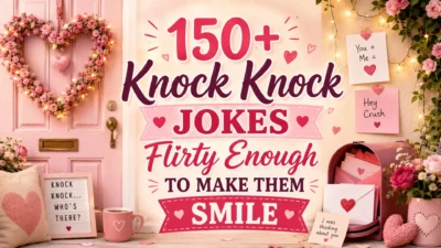 150+ flirty knock knock jokes cover with pink door, heart wreath, love notes, and romantic accents