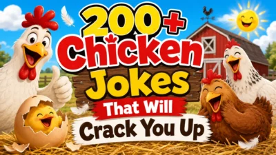 Chicken jokes image with funny chickens, cracked egg, barnyard, hay, feathers, and farm humor