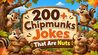 Chipmunks jokes image with cute chipmunks, acorns, nuts, autumn leaves, and funny woodland humor