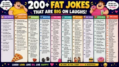 Body-positive fat jokes poster with playful humor, big laughs, cheerful characters, and colorful comic style