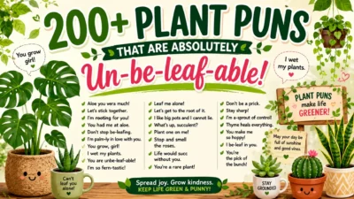 Plant puns image with cute potted plants, green leaves, cactus, succulents, and funny leaf humor