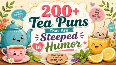 Tea puns image with cute teapot, smiling teacups, tea bag, lemon, herbs, and funny tea humor