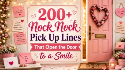 200+ nock nock pick up lines cover with pink door, heart wreath, love notes, and romantic style