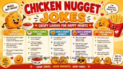 Chicken nugget jokes poster with crispy nuggets, fries, dipping sauce, cute characters, and funny food puns