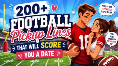 Football pickup lines image with cute couple, hearts, stadium, and playful romantic sports humor