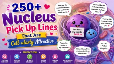 Nucleus pick up lines image with cute cartoon cell, hearts, science flirting quotes, and colorful biology theme
