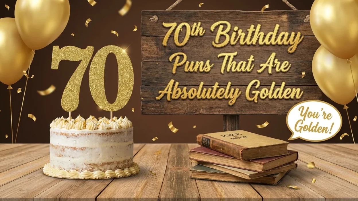 70th birthday puns with golden humor, funny milestone birthday jokes, and cheerful celebration wordplay