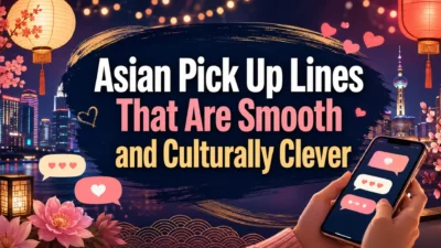 Asian pick up lines cover with romantic city lights, lanterns, chat bubbles, hearts, and phone messages