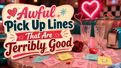 Awful pick up lines with retro diner hearts, soda glasses, and funny romantic notes