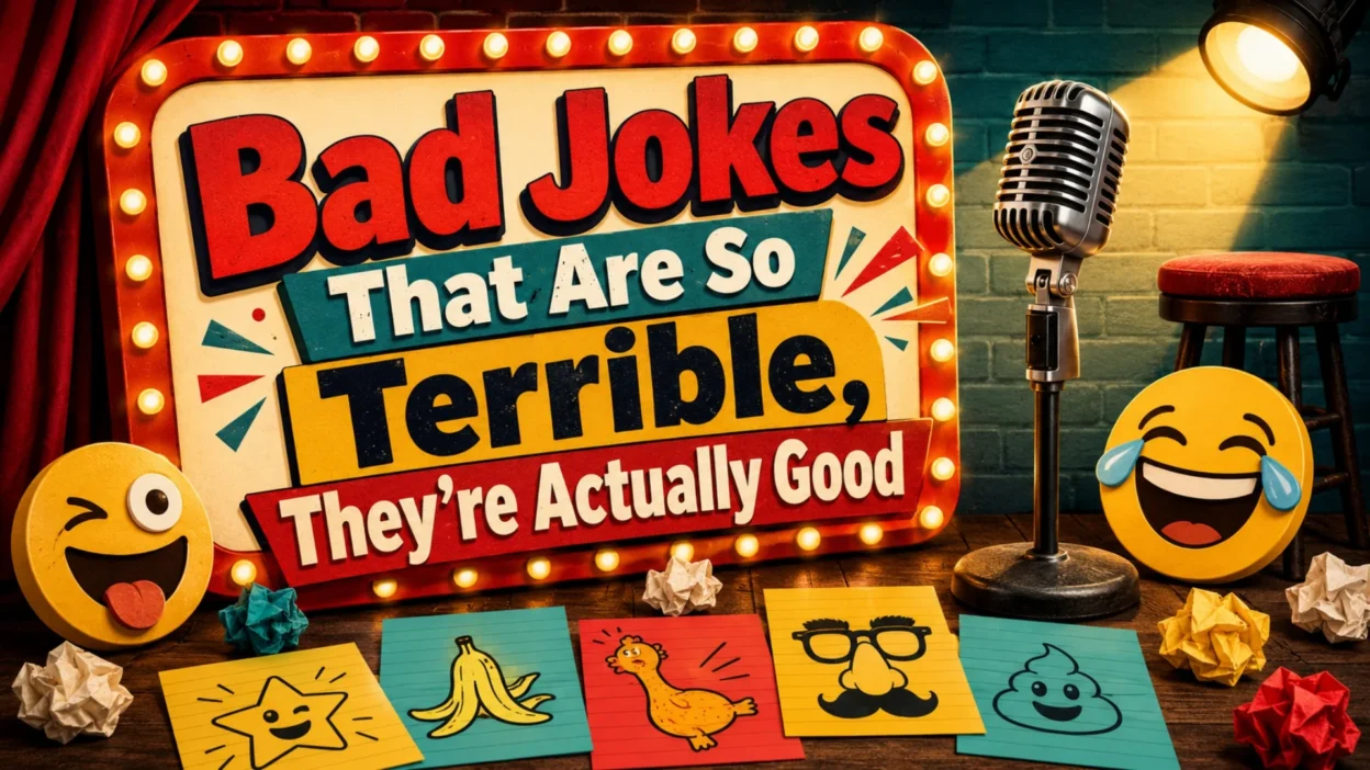 Bad jokes blog cover with comedy microphone, funny cards, and laughing emoji props