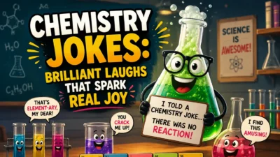 Chemistry jokes image with smiling lab flasks, colorful test tubes, and funny science classroom text