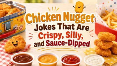 Chicken nugget jokes cover with crispy nuggets, dipping sauces, fries, and playful lunchbox style
