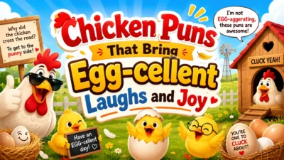 Chicken puns image with funny chickens, eggs, farm scene, and egg-cellent laughs