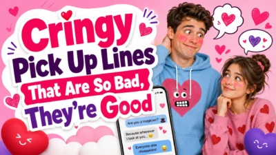 Cringy pickup lines image with awkward couple, hearts, phone chat, speech bubbles, and funny dating humor