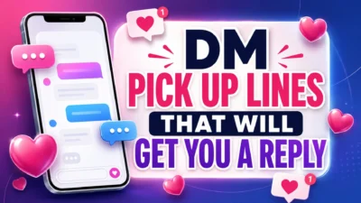DM pick up lines cover with phone chat bubbles, hearts, notifications, and flirty reply theme