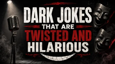 Dark jokes blog cover with vintage microphone, comedy masks, smoky stage, and bold twisted humor text