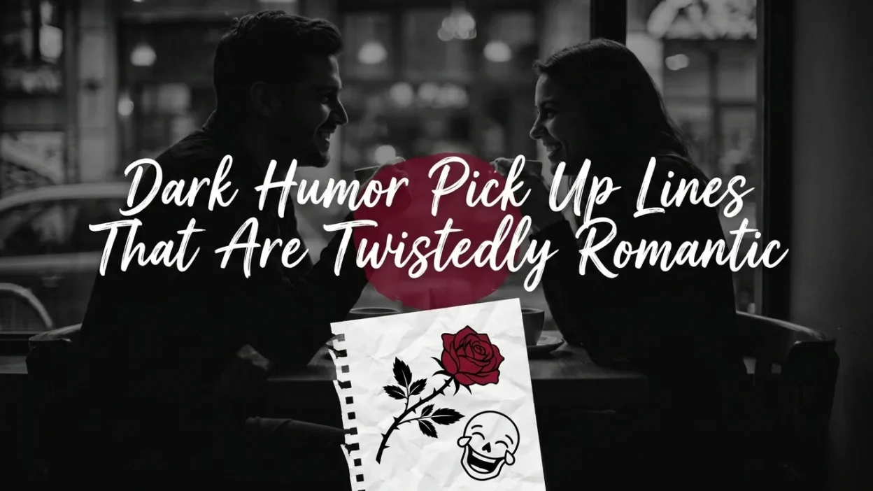 Dark humor pick up lines with gothic romance, neon hearts, and twistedly funny flirting quotes.