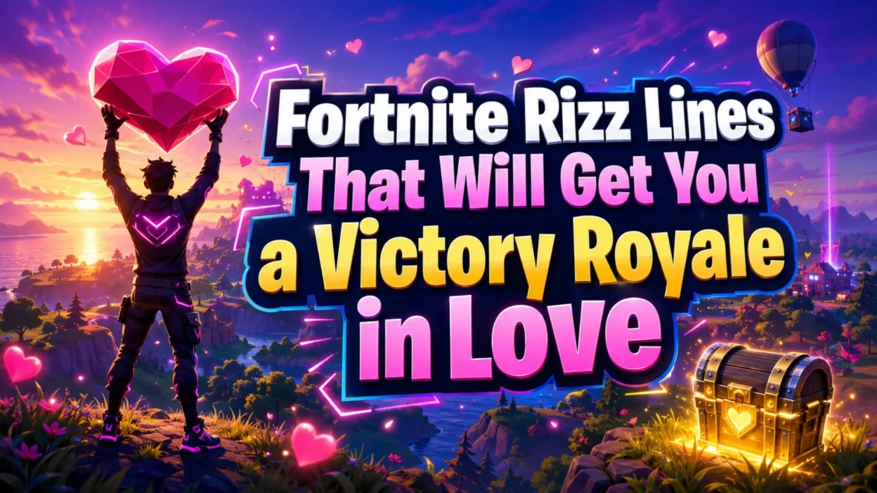 Fortnite rizz lines cover with gaming island, glowing heart, loot chest, and Victory Royale love theme