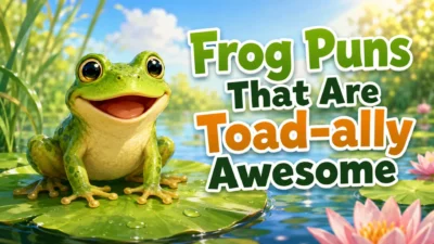Frog puns blog cover with smiling frog on lily pad in bright pond