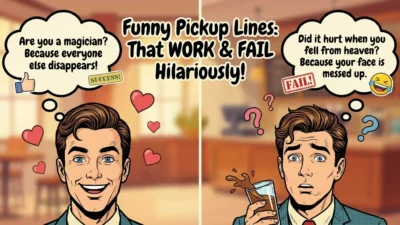 Funny pickup lines image with playful flirting, awkward fails, cute humor, and hilarious romantic jokes
