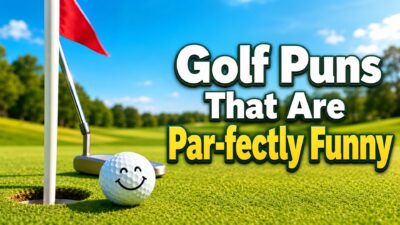 Golf puns blog cover with smiling golf ball, flag, and sunny green course