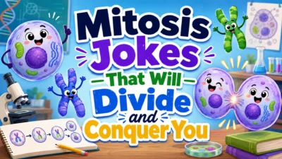 Mitosis jokes image with dividing cells, chromosomes, microscope, lab notes, and funny biology humor