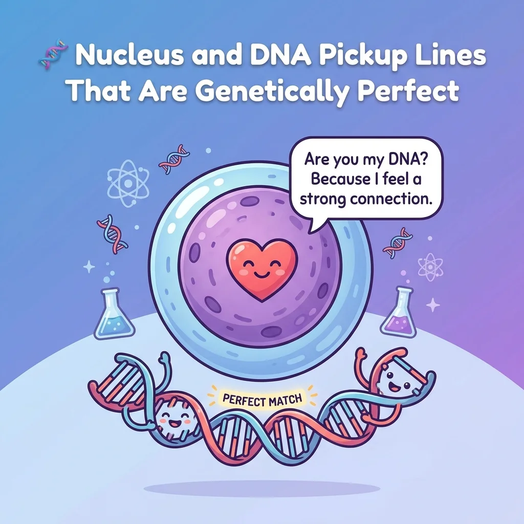 This colorful nucleus pick up lines image features adorable cartoon cell characters, romantic science-themed quotes, hearts, and a lively biology background.
It is perfect for fun blog posts, flirty science content, student humor, and social media graphics that mix clever laughs with cheerful vibes.