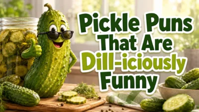 Pickle puns blog cover with funny pickle character and fresh pickle jar